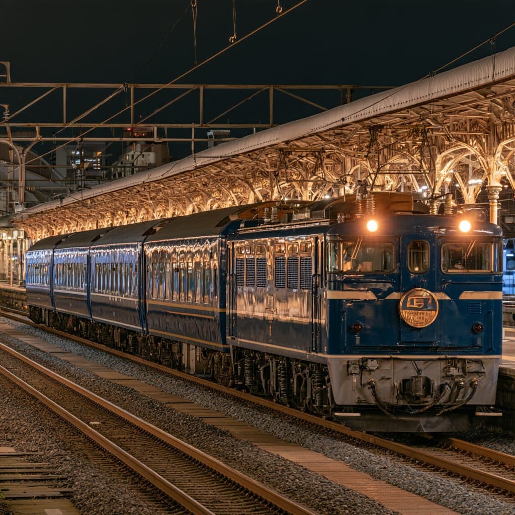夜のホームに停まる青い寝台列車。機関車の前灯が二つ点き、上屋の鉄骨と装飾柱が電球の色に照らされている。手前は線路とバラスト。